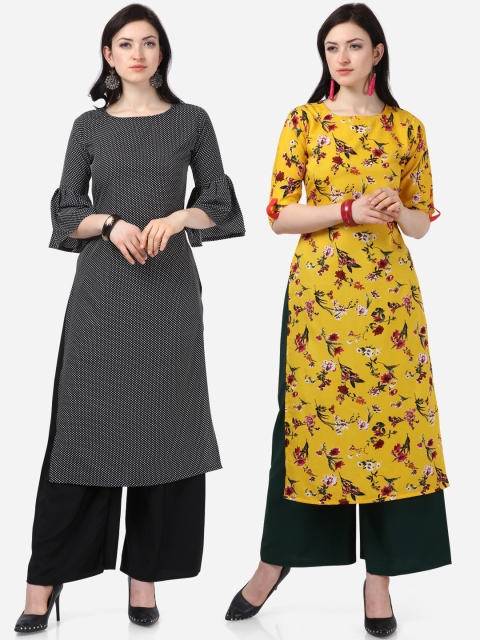 

Silk Bazar Women Pack of 2 Printed Kurta with Palazzos, Black