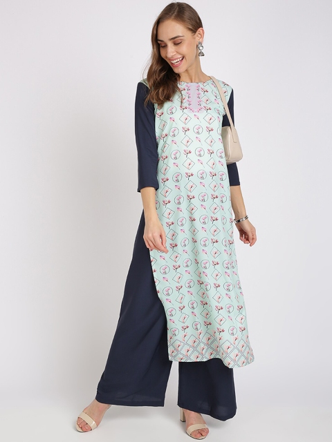 

Silk Bazar Women Green & Navy Blue Floral Printed Kurta with Palazzos