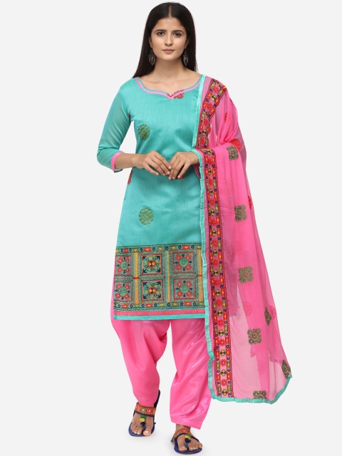 DIVASTRI Turquoise Blue & Pink Silk Blend Unstitched Dress Material