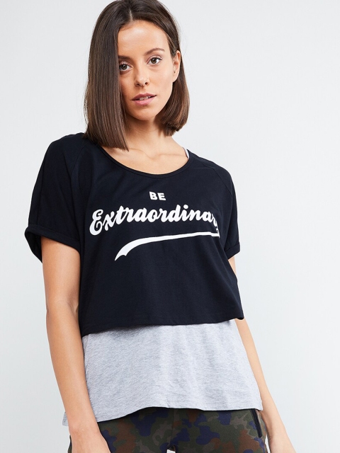 

max Women Black & Grey Melange Printed Round Neck T-shirt