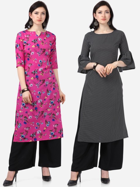 

Silk Bazar Women Pack Of 2 Pink & Black Printed Kurta with Palazzos