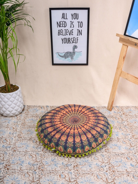 

Tistabene Blue & Orange Printed Pearl River Floral Round Floor Cushion