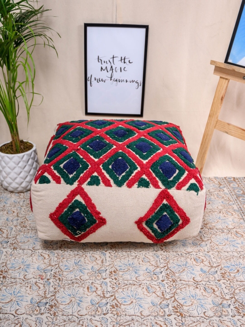 

Tistabene Green & Red Geometric Yarn Embroided Square Pouf