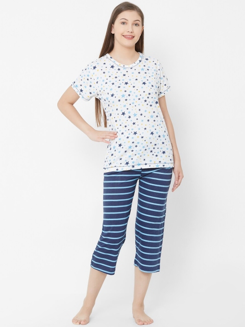 

Velvet by night Women Off-White & Blue Printed Night suit
