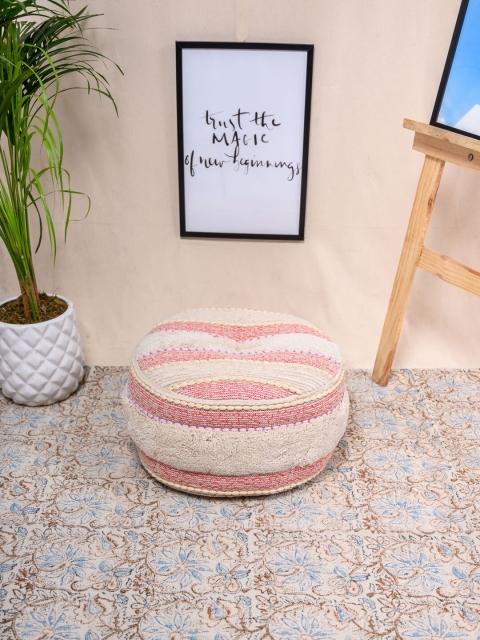 

Tistabene Off-White & Pink Striped Pulled Thread Round Pouf
