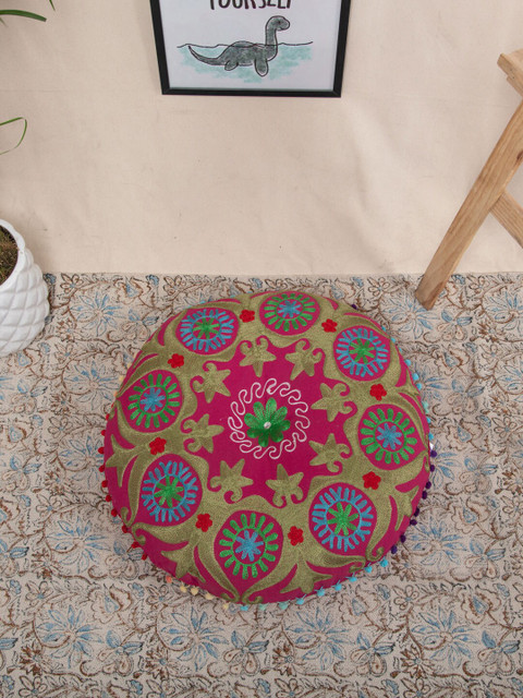 

Tistabene Pink & Green Bandana Embroided Round Floor Cushion