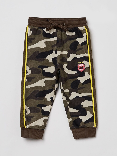 

max Boys Olive Green & Grey Camouflage Printed Slim-Fit Joggers