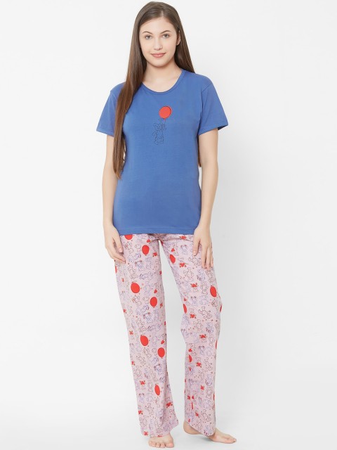 

Velvet by night Women Blue & Pink Printed Night suit