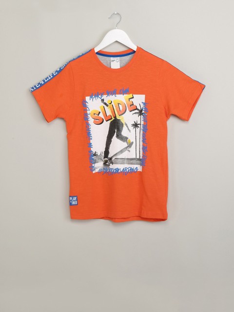 

max Boys Orange Printed Round Neck T-shirt