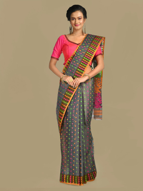 

Mitera Multicoloured Silk Cotton Woven Design Jamdani Saree, Multi