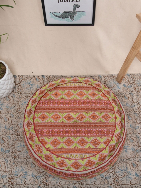 

Tistabene Maroon & Green Bohemian Embroidered Round-Shaped Pouf Floor Cushion
