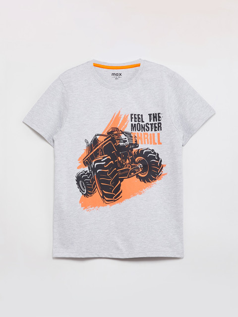 

max Boys Grey Melange Printed Round Neck T-shirt