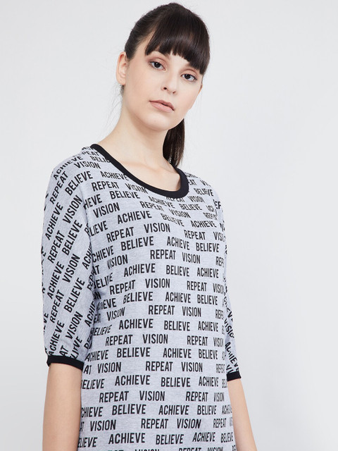 

max Women Grey Melange Printed Round Neck T-shirt