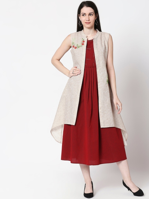 

TERQUOIS Women Maroon Striped A-Line Dress With Jacket