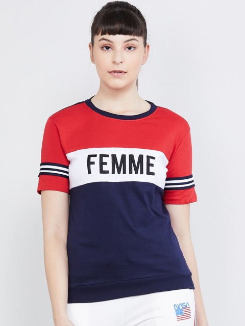 

max Women Navy Blue & Red Printed Round Neck T-shirt