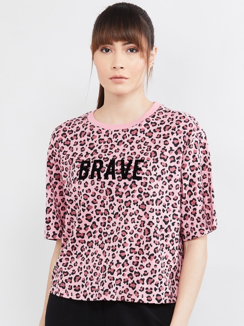 

max Women Pink & Black Printed Round Neck T-shirt