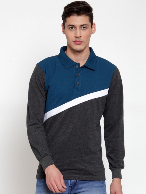 

Kalt Men Charcoal & Charcoal Grey Colourblocked Polo Collar T-shirt