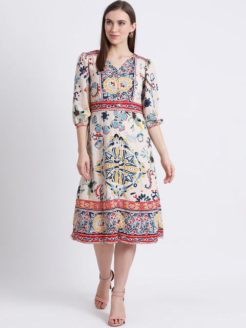 

Zink London Women Cream-Coloured Printed A-Line Dress