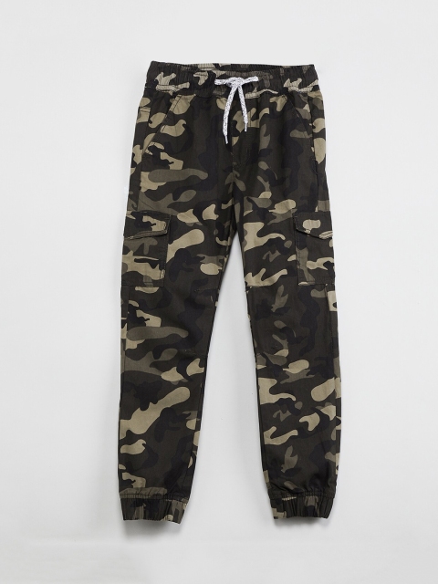 

max Boys Olive Green & Grey Camouflage Printed Slim-Fit Joggers