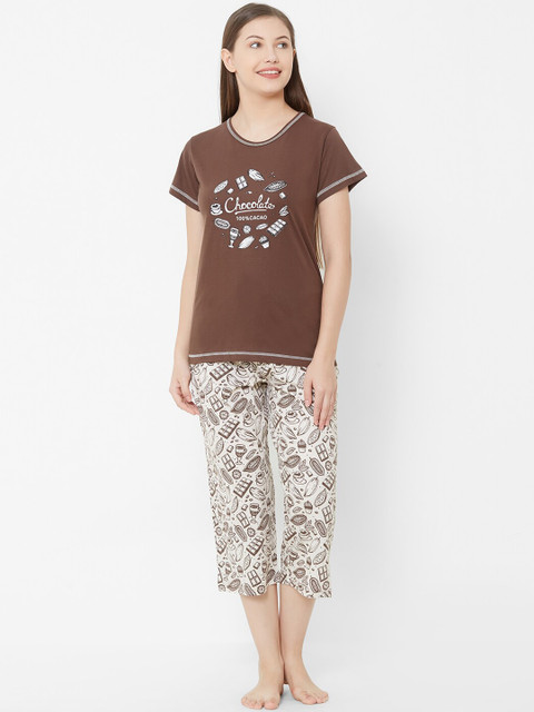 

Velvet by night Women Brown & Off-White Printed Night Suit