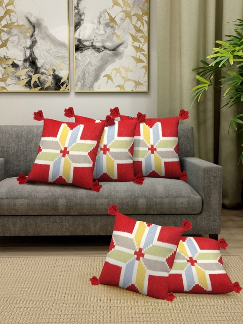 

KLOTTHE Set Of 5 Red & Yellow Printed Square Cushions