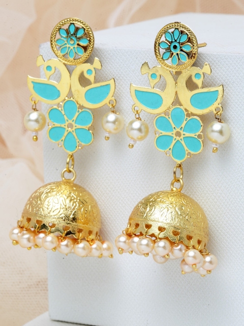 

PANASH Gold-Plated & Turquoise Blue Peacock Shaped Jhumkas