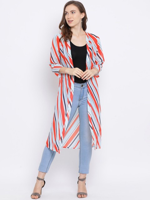 

Oxolloxo Women Blue & Orange Striped Open Front Shrug