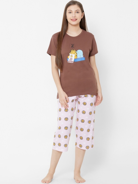 

Velvet by night Women Brown & Pink Garfield Printed Night suit