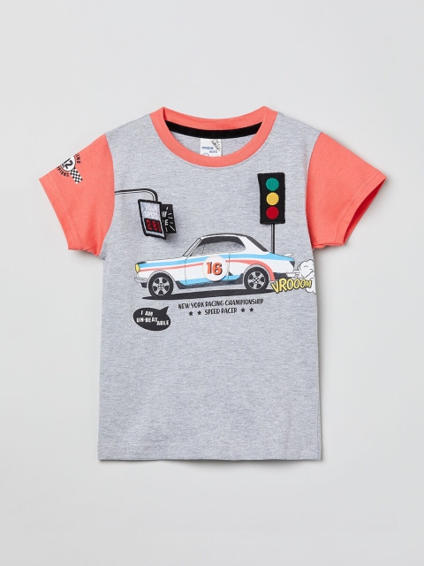 

max Boys Grey & Peach Printed Round Neck T-shirt