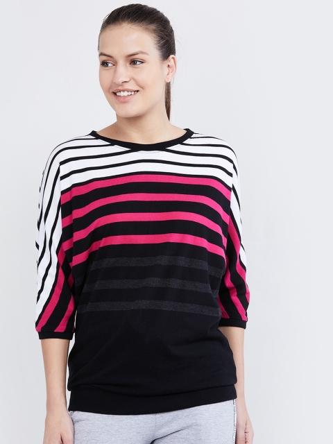 

max Women Black& Pink Striped Round Neck T-shirt