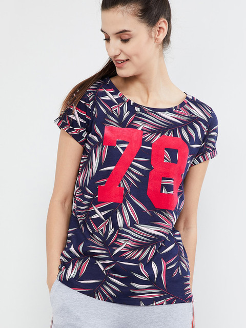 

max Women Navy Blue Printed Round Neck T-shirt