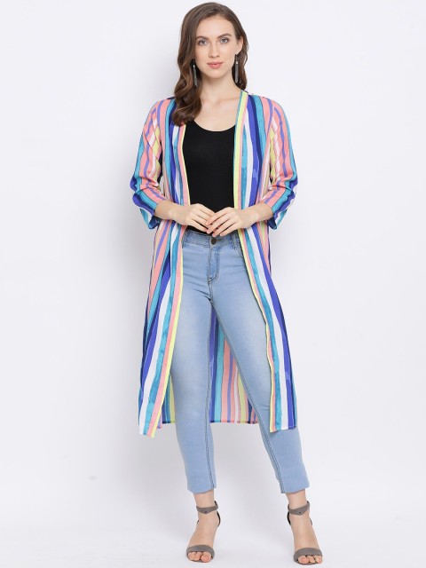 

Oxolloxo Women Blue & White Striped Open Front Shrug