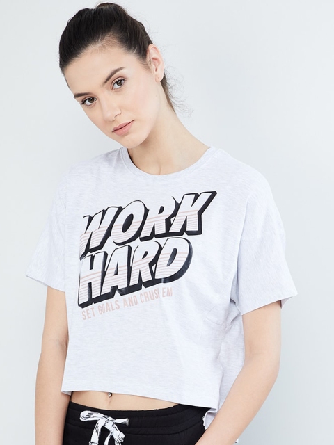 max Women Grey Melange & Black Printed Round Neck Crop T-shirt