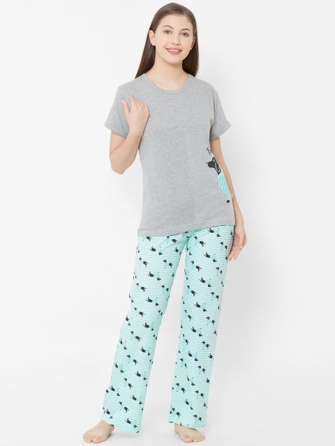 

Velvet by night Women Grey & Blue Printed Night suit