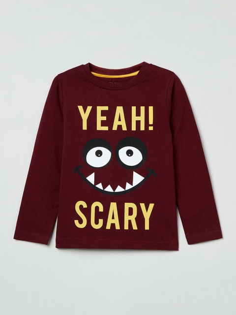 max Boys Maroon Printed Round Neck T-shirt