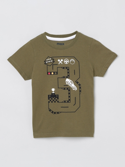 

max Boys Olive Green Printed Round Neck T-shirt