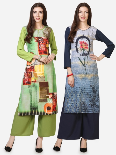 

Silk Bazar Women Pack Of 2 Printed Kurta with Palazzos, Green