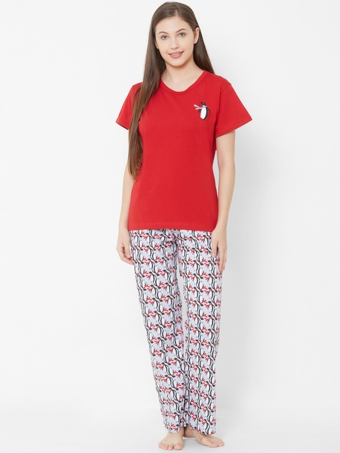 

Velvet by night Women Red & Grey Printed Night suit