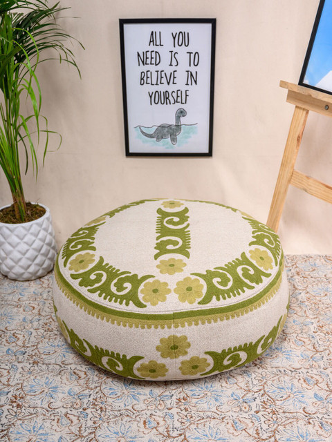 

Tistabene Off-White & Green Yarn Woolen Embroidered Round Pouf Floor Cushion