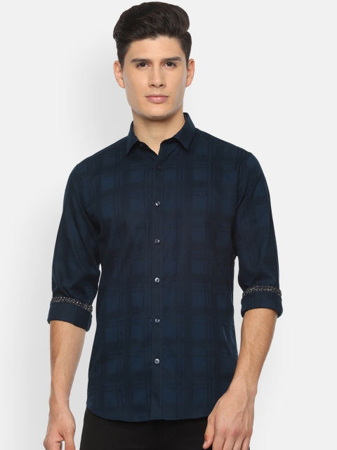 

V Dot Men Navy Blue & Black Slim Fit Checked Casual Shirt