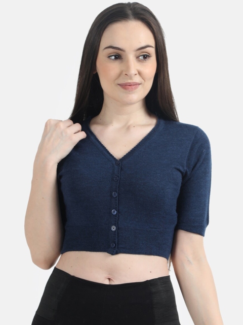 

Monte Carlo Women Blue Solid Crop Cardigan Sweater
