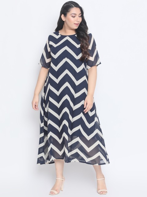 

Amydus Women Plus Size Navy Blue Striped A-Line Dress