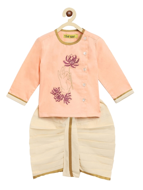 

Tiber Taber Boys Peach-Coloured & Off-White Printed Kurta with Dhoti Pants