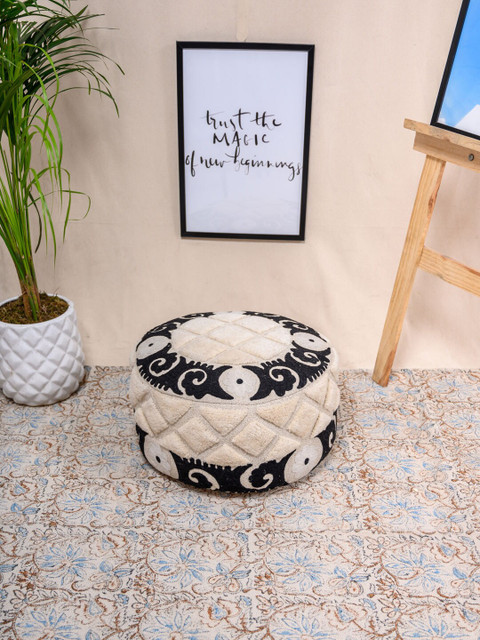 

Tistabene Off-White & Black Embroidered Woolen Round Pouf