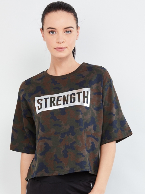 

max Women Olive Green Camouflage Printed Round Neck T-shirt