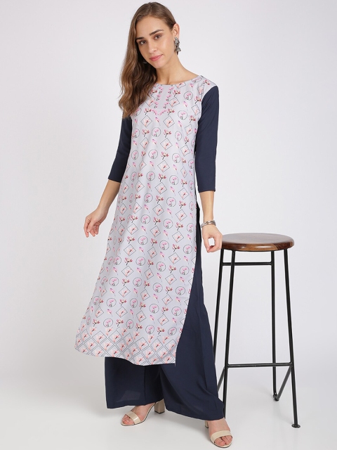 

Silk Bazar Women Grey & Navy Blue Printed Kurta with Palazzos