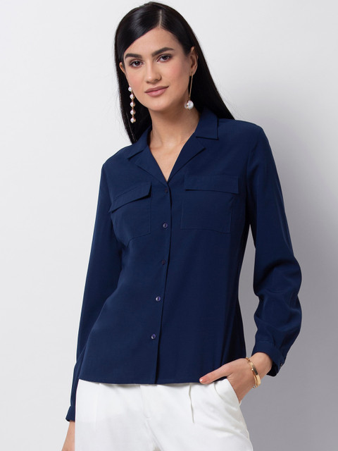 

FabAlley Women Navy Blue Solid Shirt Style Top