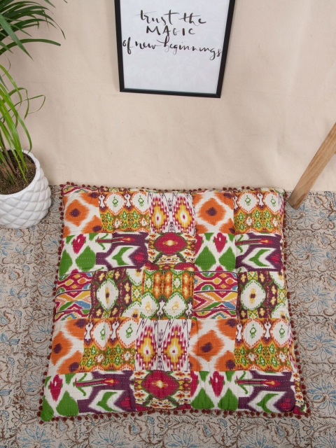 

Tistabene Off-White & Orange Arabic Patchwork Square Floor Cushion