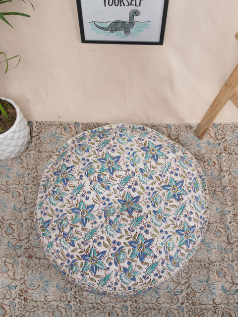 

Tistabene Beige & Blue Floral Printed Round-Shaped Handwork Floor Cushion