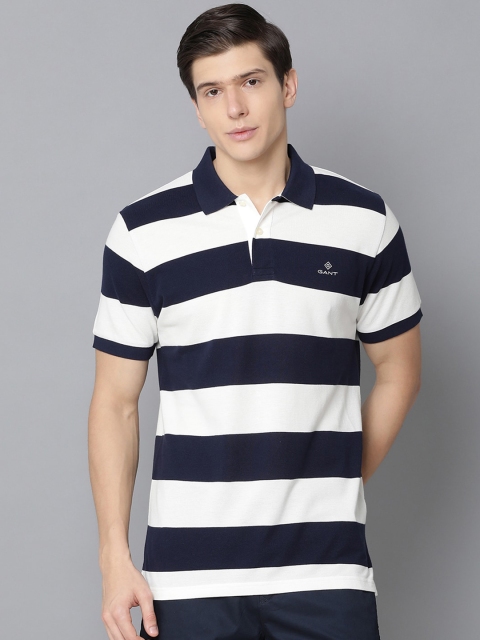

GANT Men White & Navy Blue Striped Polo Collar T-shirt